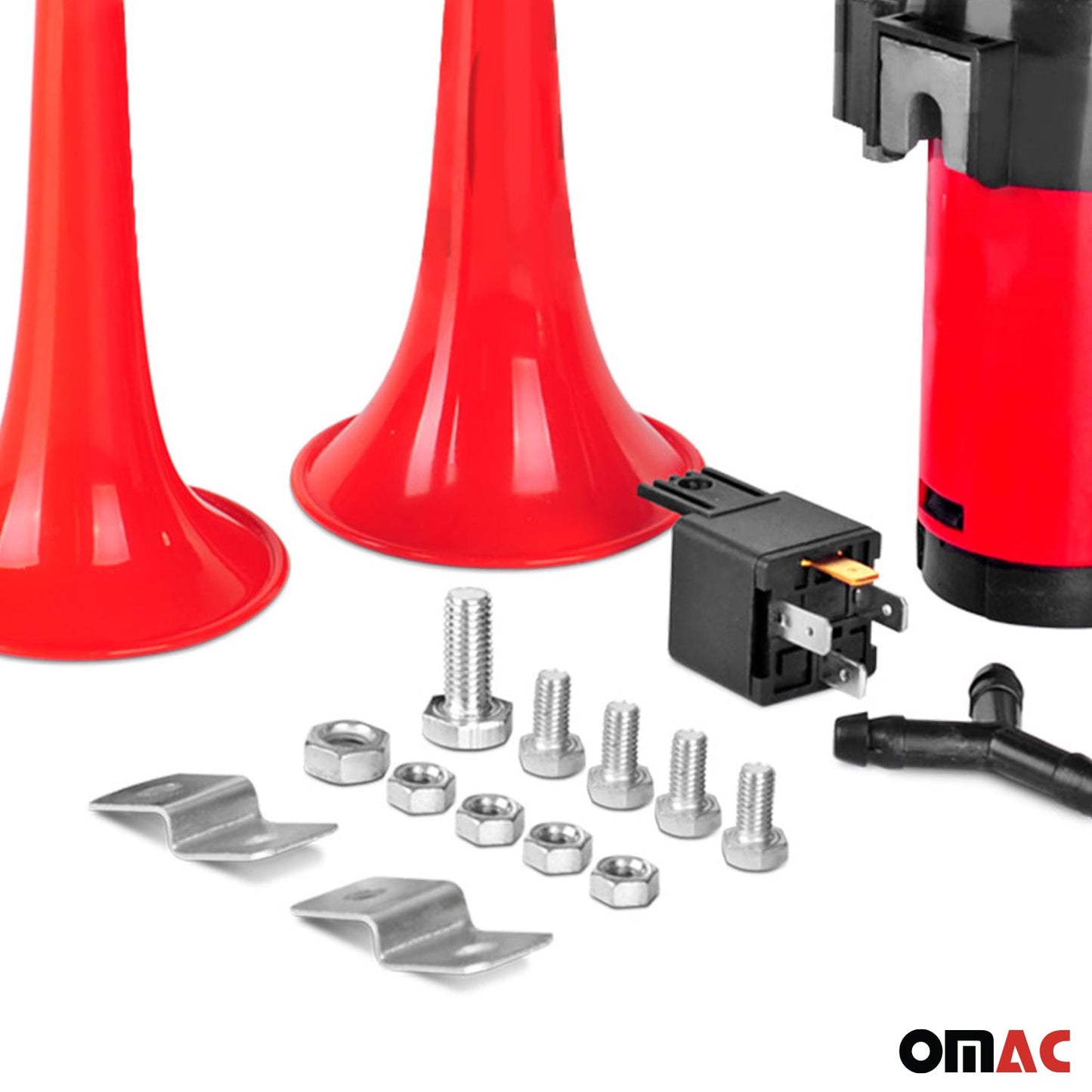 Kompresor pneumatyczny 12 V 115 dB, czerwony, z 2 trąbkami, do samochodów osobowych, ciężarowych i ciężarówek, z certyfikatem E-Mark