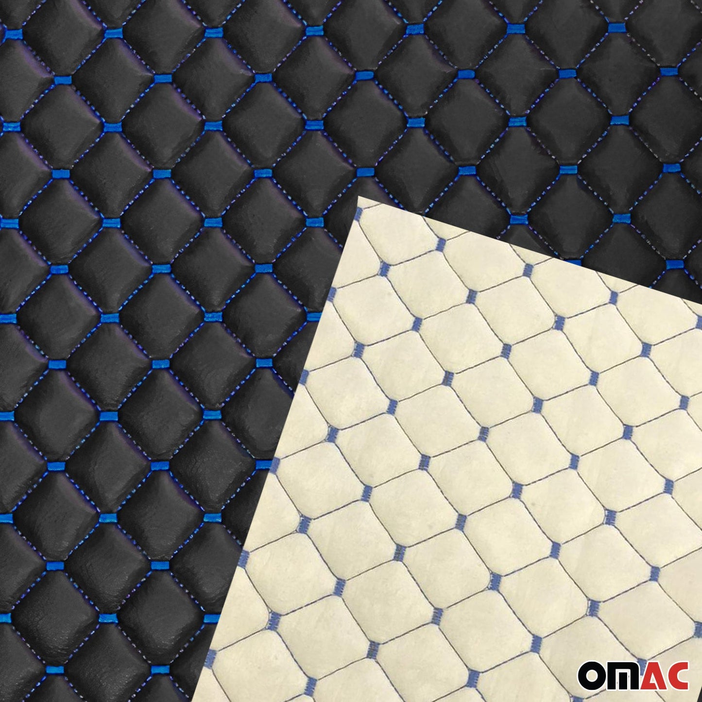 140 cm x 100 cm Tłoczona czarna sztuczna skóra z niebieskim ściegiem diamentowym, tapicerka samochodowa
