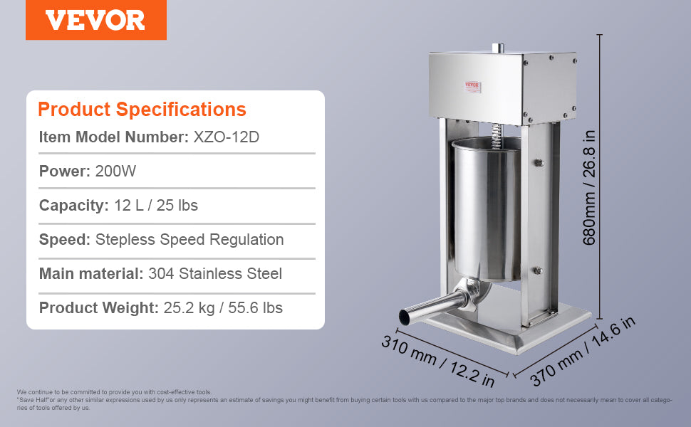 VEVOR Elektrische Wurstfüllmaschine - Vertikal Fleischwolf Geschwindigkeitskontrolle Fußpedal 304 Edelstahl 5 Füllrohre