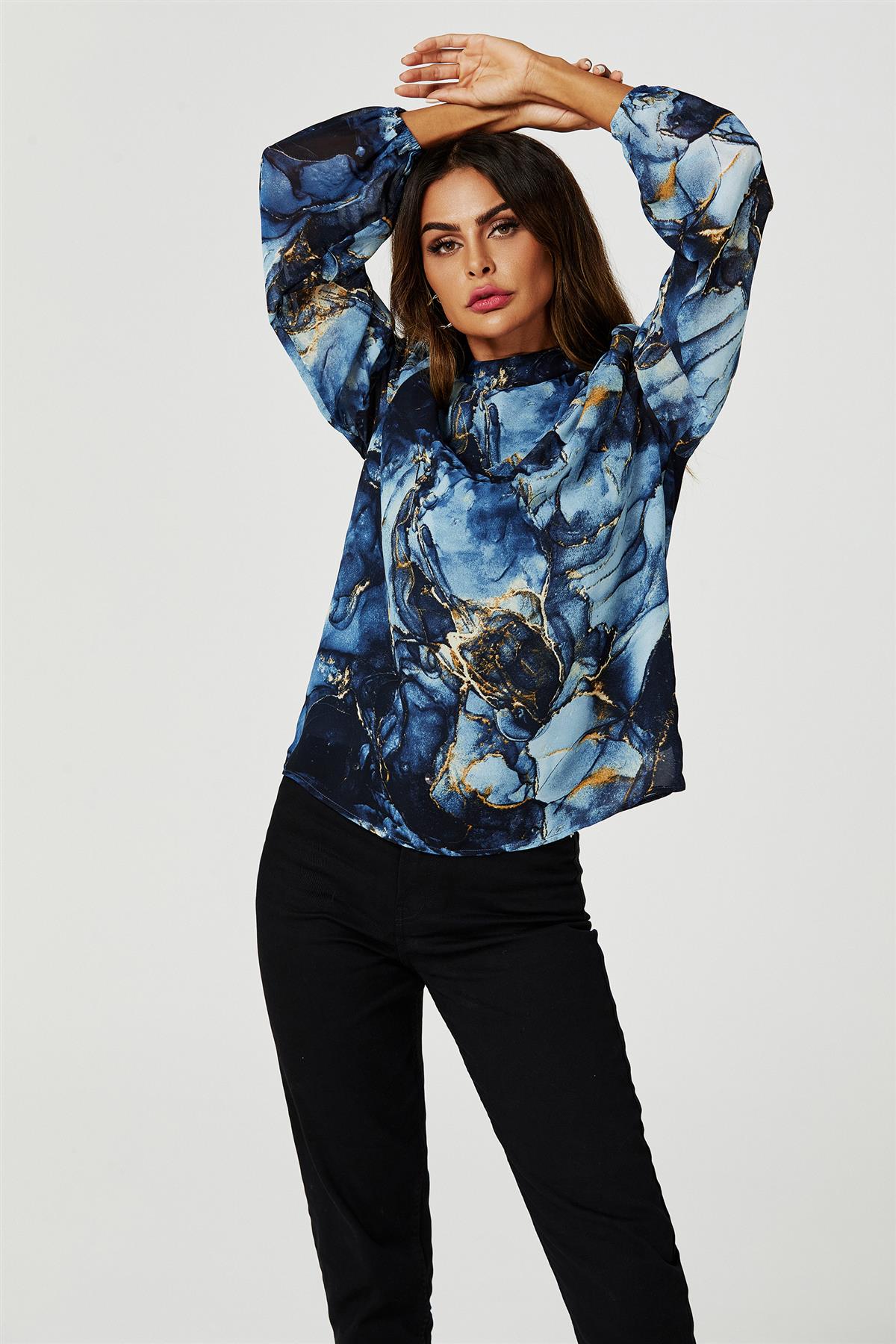 Marble Print Long Sleeve High Neck Top In Navy