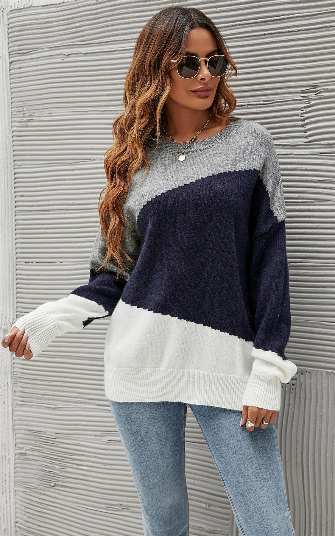 Navy & White Block Colour Jumper Top In Grey