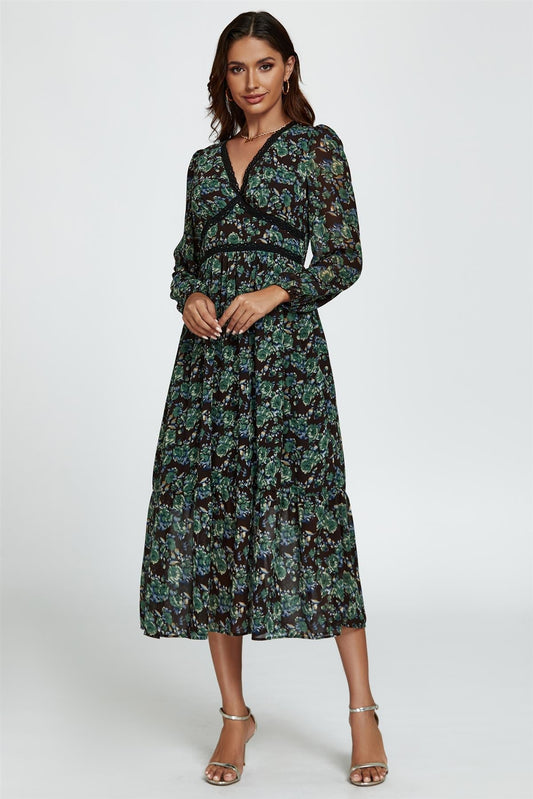 Floral Print Long Sleeve Midi Dress In Brown