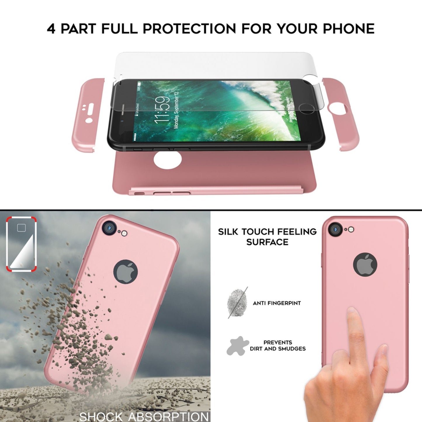 NALIA Hülle 360 Grad - Rundumschutz Displayschutzglas 2-in-1 Etui Kompatibel iPhone 7