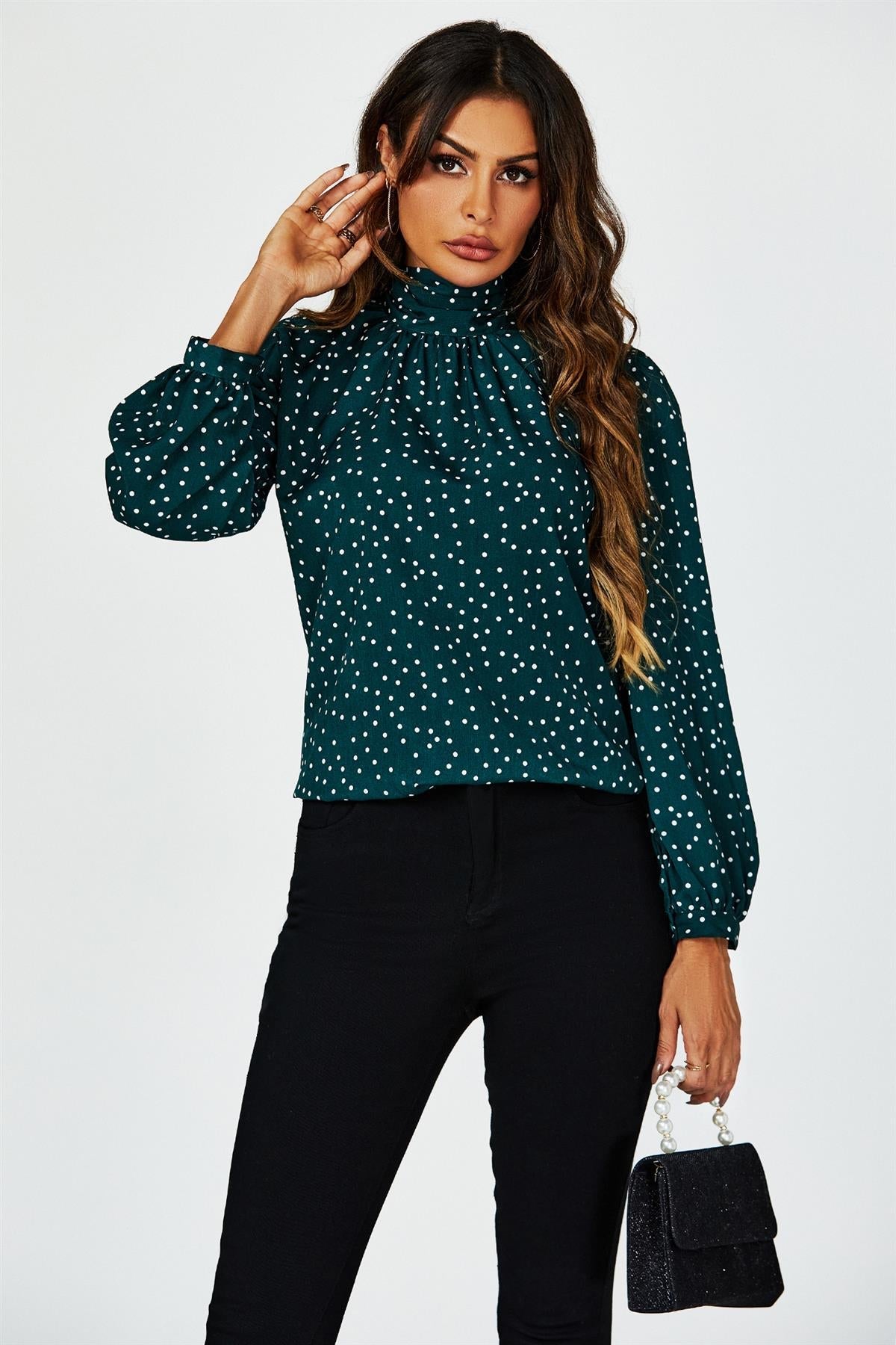 Polka Dot Print Long Sleeve Back Tie Blouse Top In Green