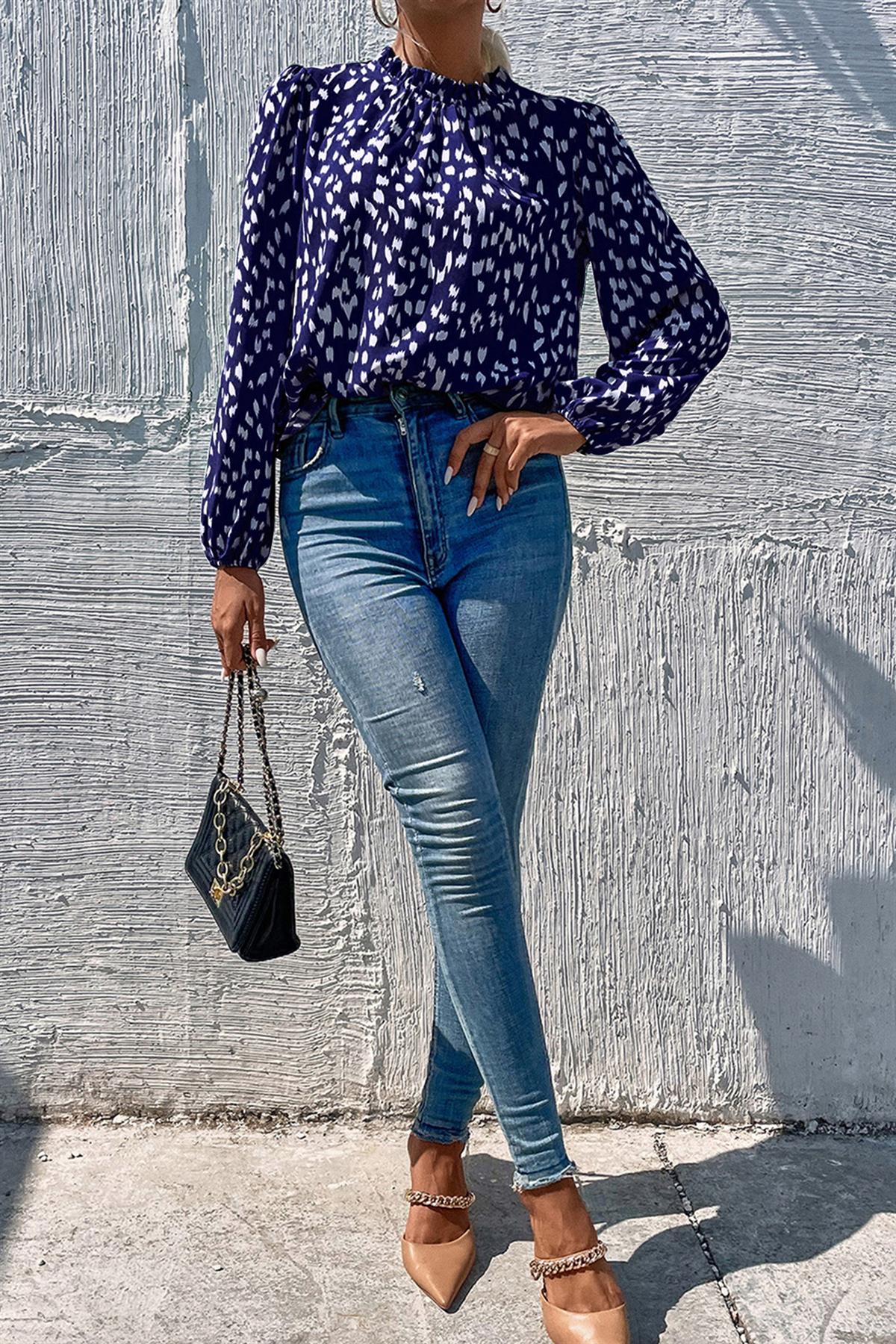 Animal Print Frill Detail High Neck Top In Navy