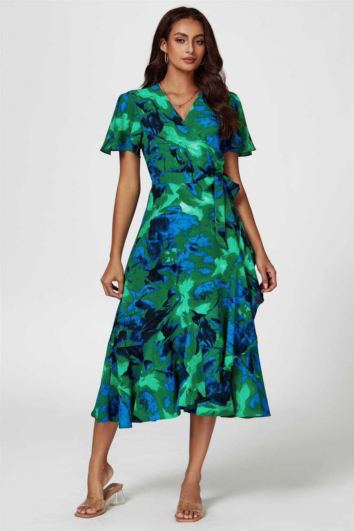 Rochie midi înfășurată cu imprimeu abstract, verde