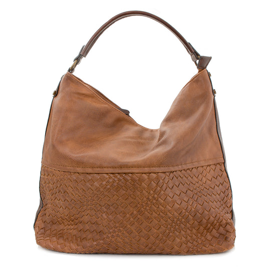 Schultertasche Beutel mit Flechtoptik Cognac Braun