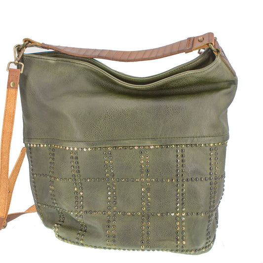 Vintage Schultertasche Beutel mit Nieten Grün