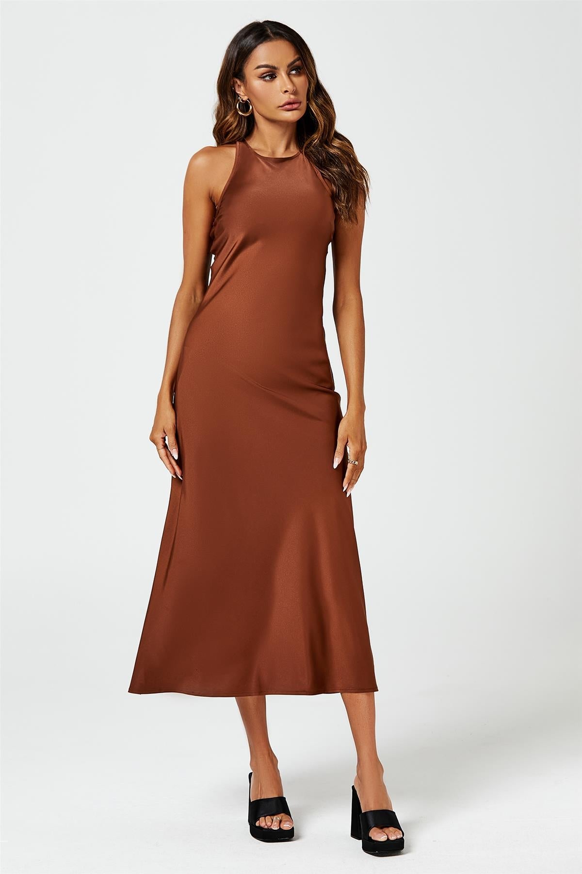 Slim-Fit Satin Midi Dress In Brown