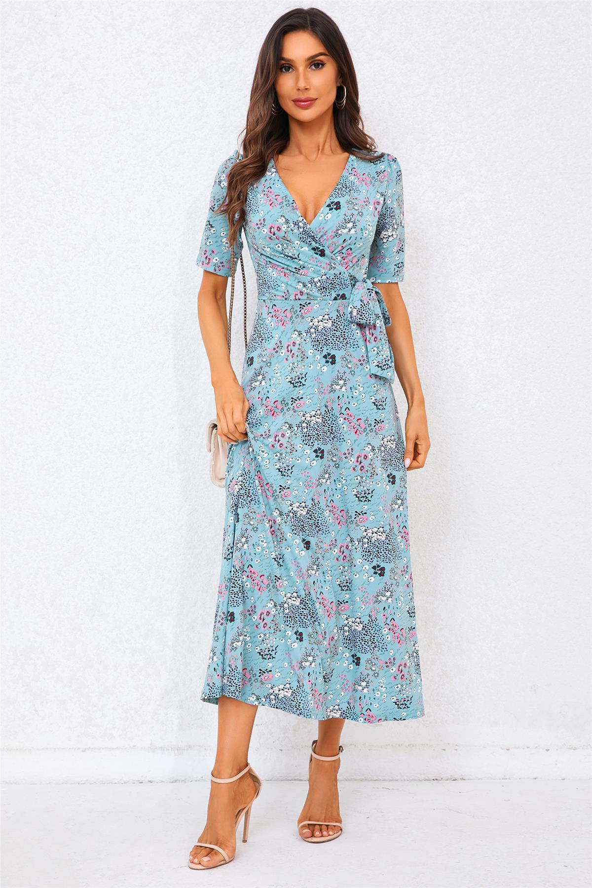 Floral Print Jersey Midi Dress In Blue