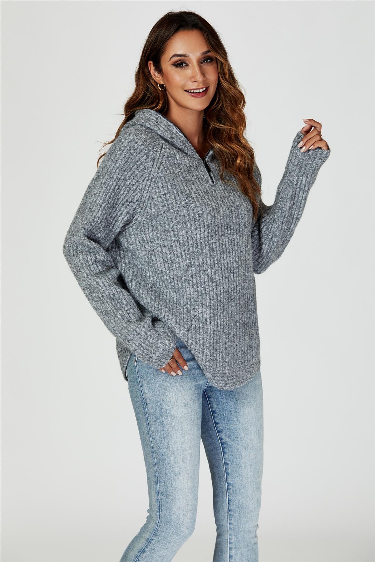 Hanorac tricotat cu fermoar, gri