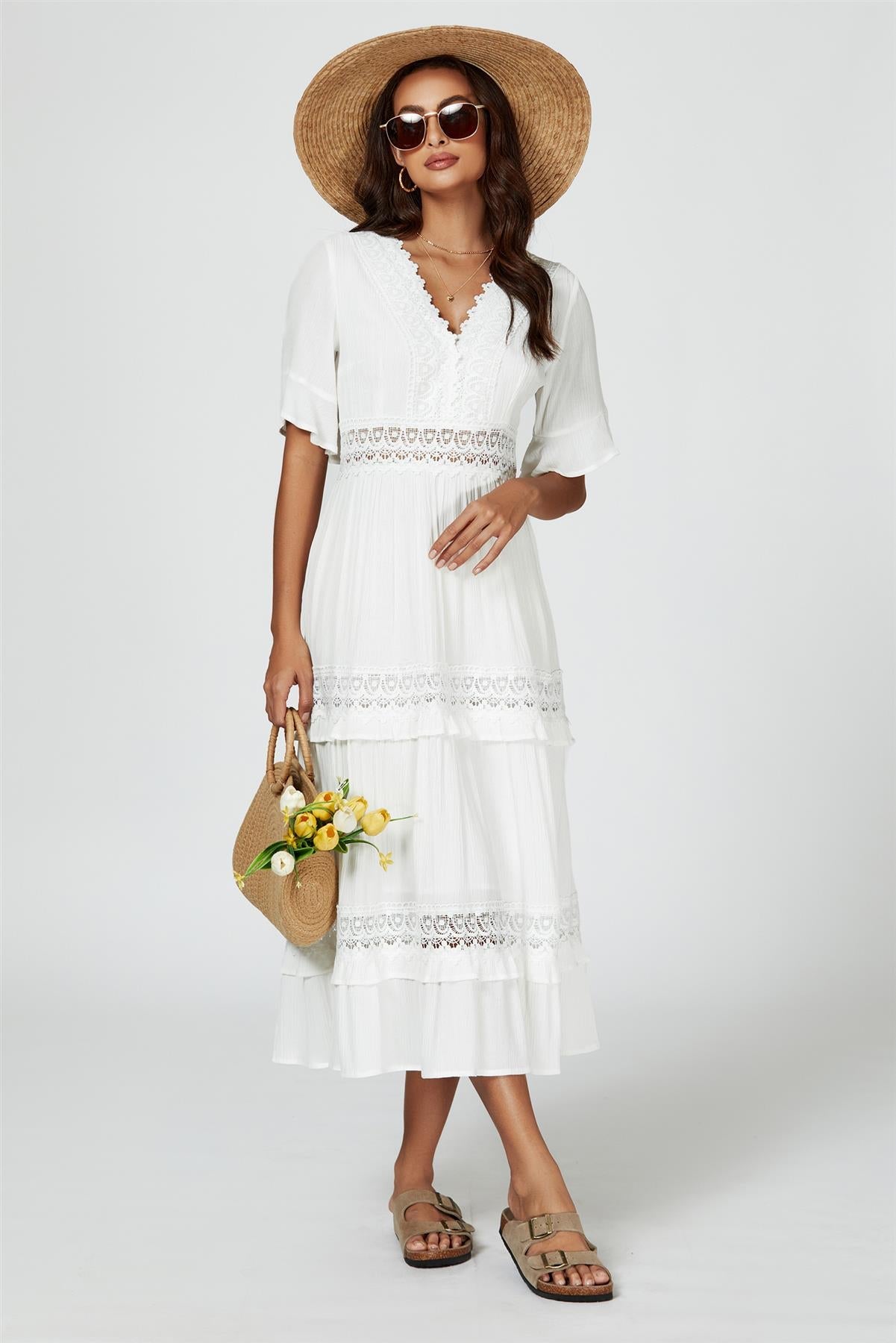 V Neck Lace Detail Midi Dress In White