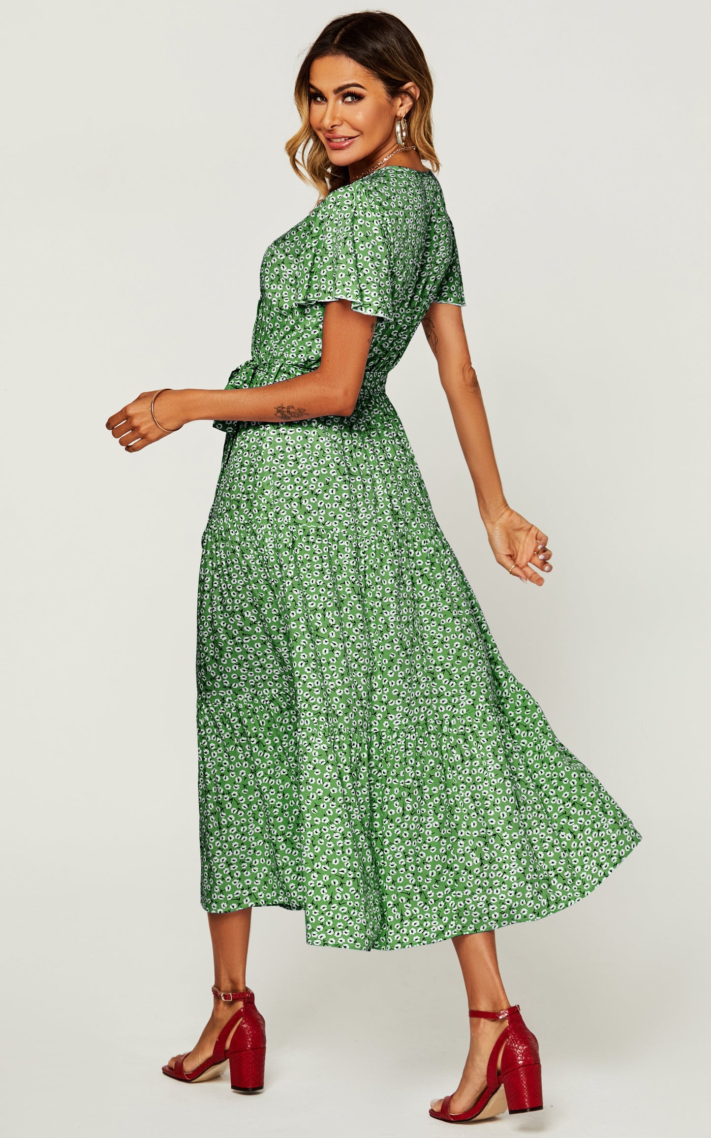 Floral Print Hem Tiered Wrap Midi Dress In Green