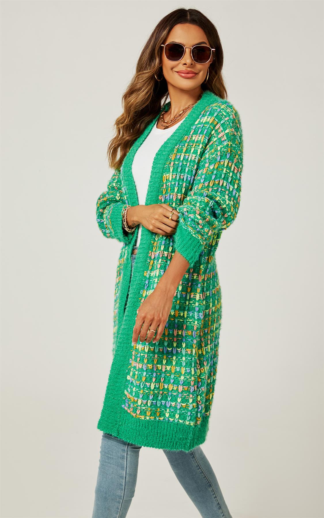 Green Boucle Check Cardigan In Rainbow Multicolour Speckles