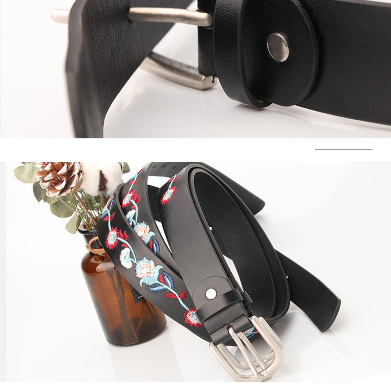 Embroidered Flowers Leather Women's Belt Fashion Casual Luxury Design Simple Versatile Jeans Goth Retro Pin Buckle Waistband New