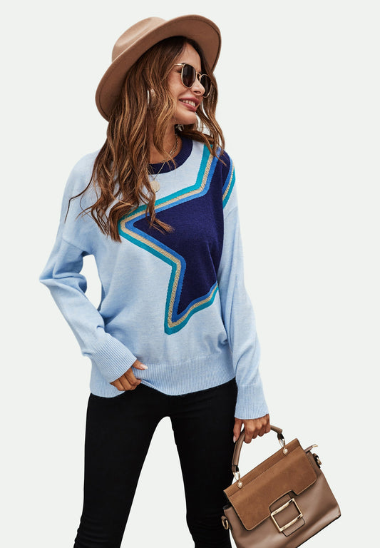 Big Star Pattern Knitted Long Sleeve Jumper In Blue
