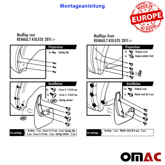 Schmutzfänger Kotflügel für Renault Koleos 2011-2017 Kunststoff Schwarz 4tlg