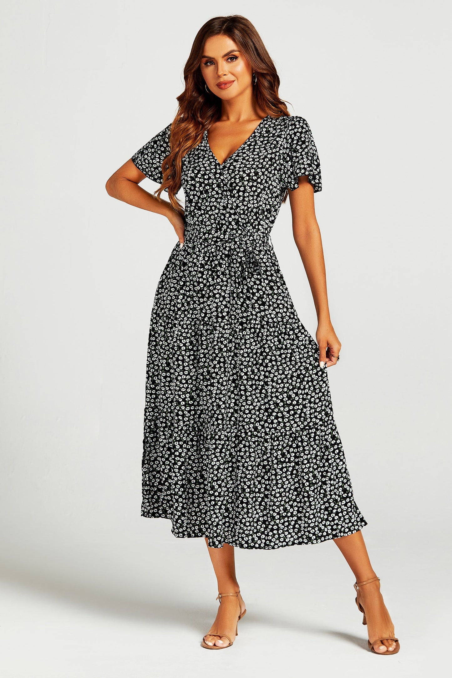 Printed Hem Tiered Wrap Neckline Midi Dress with Split Leg in Black