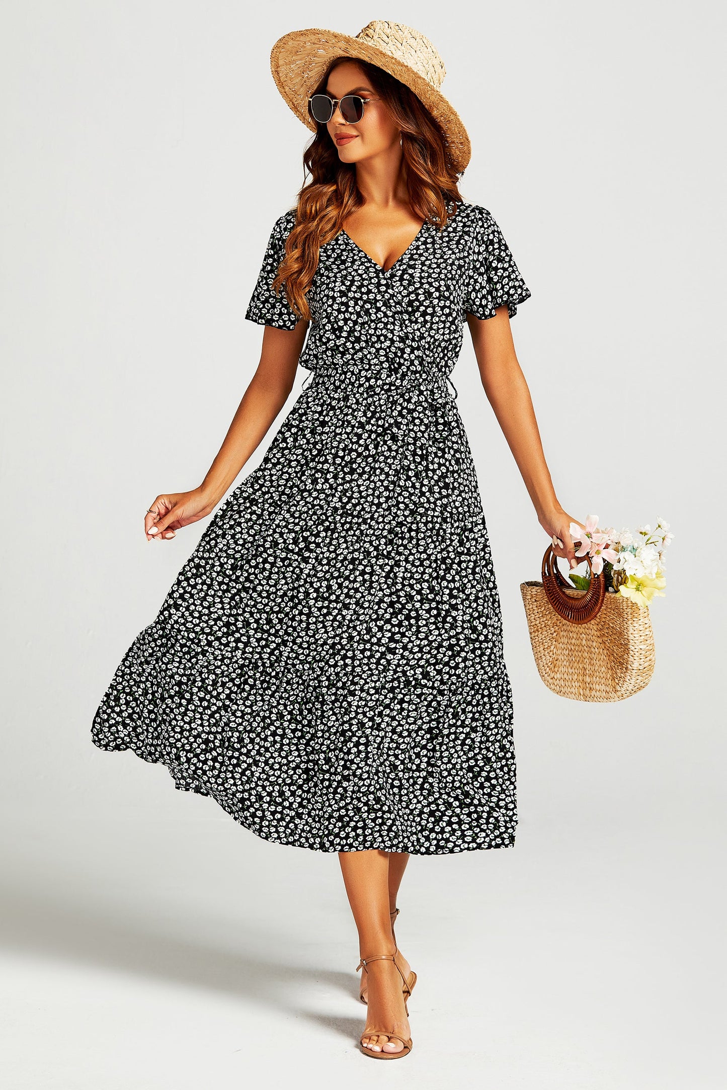 Printed Hem Tiered Wrap Neckline Midi Dress with Split Leg in Black