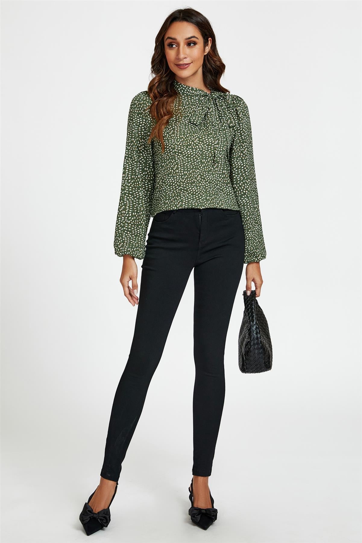 Floral Print Side Tie Blouse Top In Olive