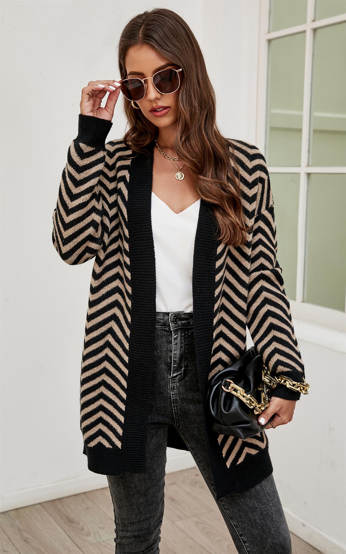 Relaxed Geometric Intarsia Cozy Soft Cardigan In Beige & Black