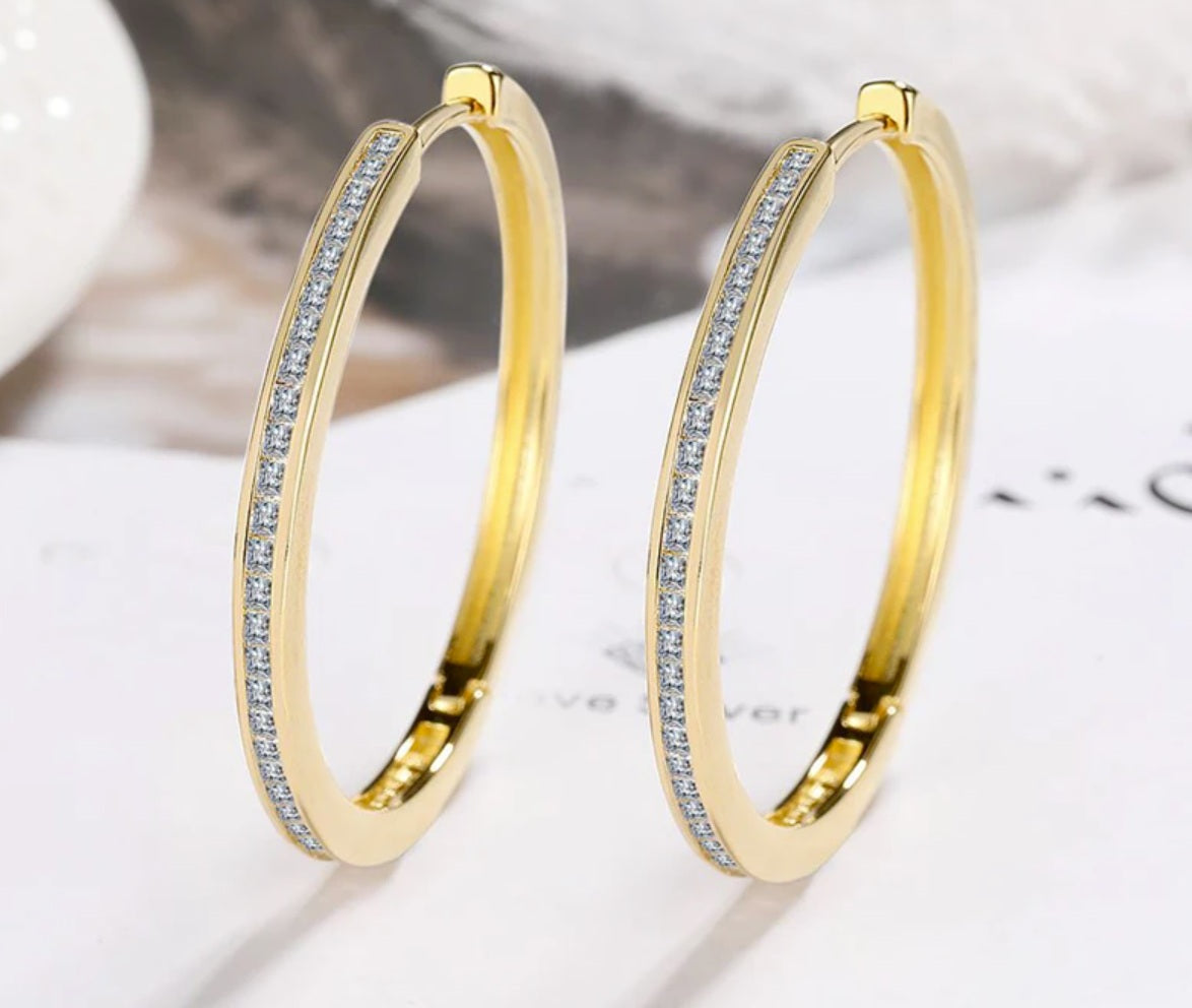 Cercei rotunzi din argint 925, placați cu aur, cu zirconiu cubic, 3,5 cm