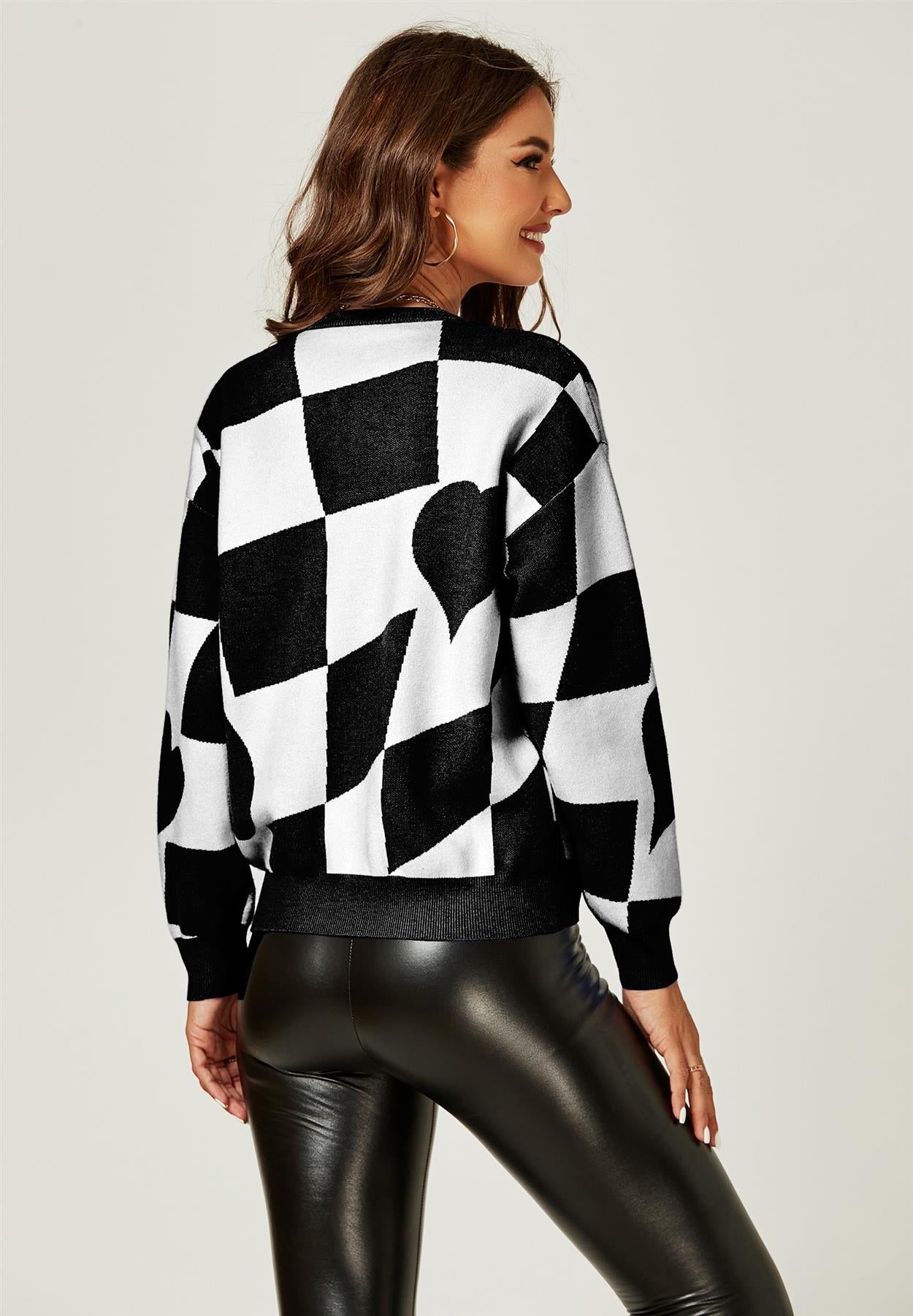 Comfy Geometric Pattern Jumper Top In Black & White