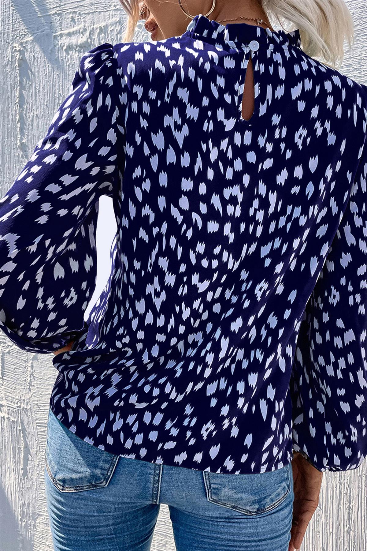 Animal Print Frill Detail High Neck Top In Navy