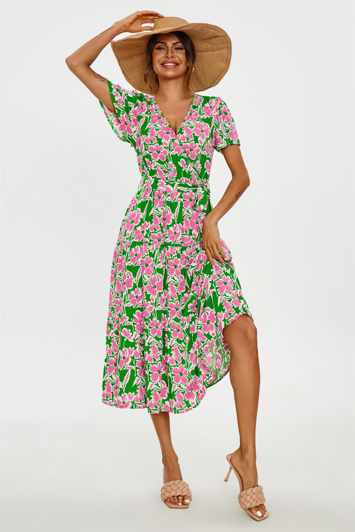 Pink Floral Print Hem Tiered Wrap Midi Dress In Green