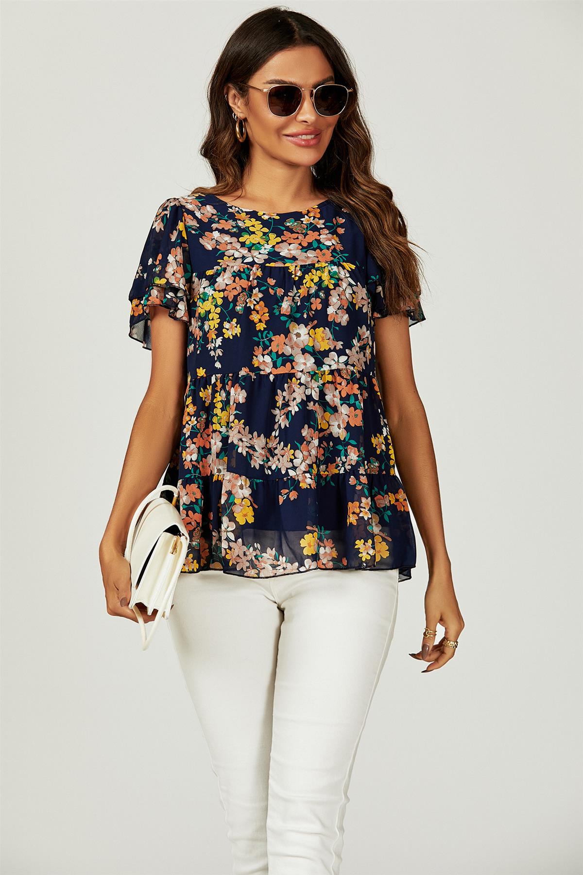 Floral Print Hem Tiered Smock Short Sleeve Blouse Top In Navy