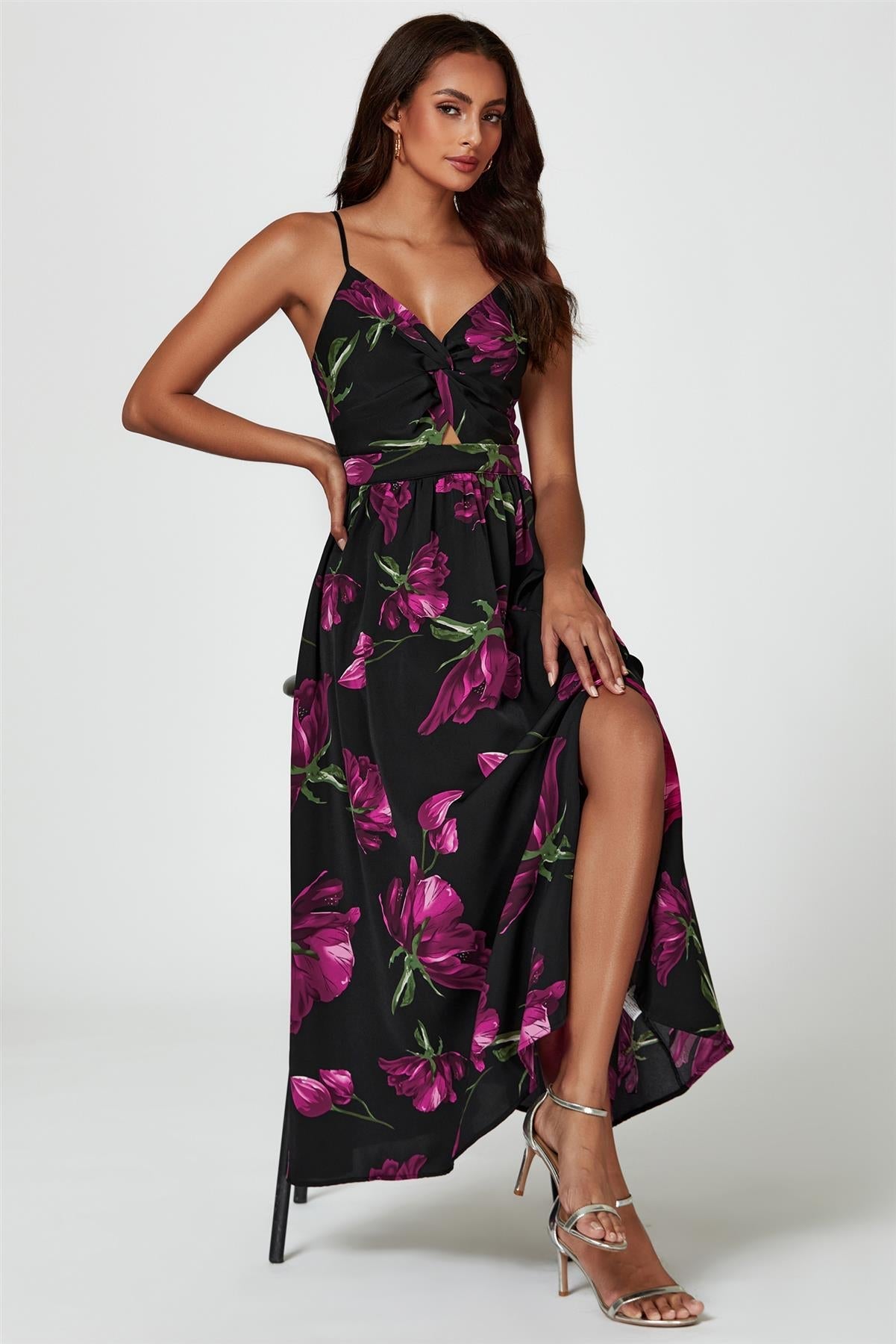 Floral Print Maxi Dress In Black
