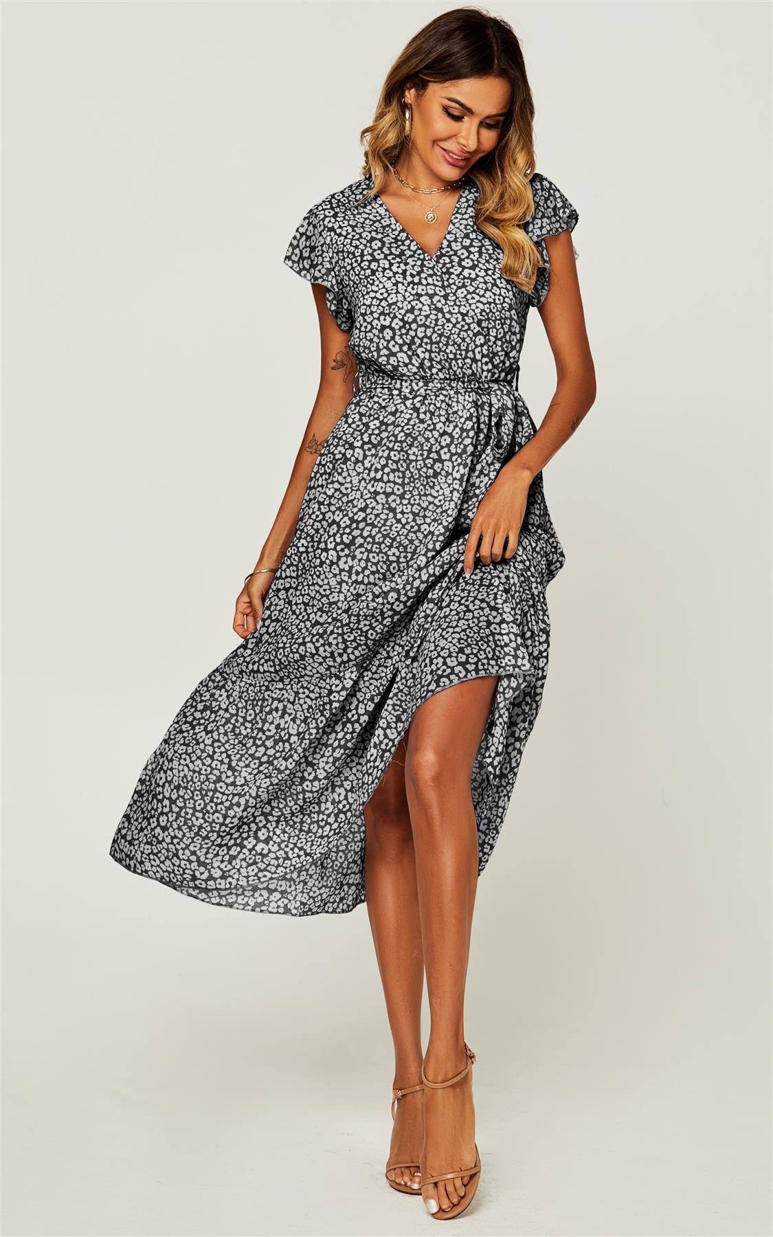 Ruffled Angel Sleeve Wrap Dress In Black Leopard Print