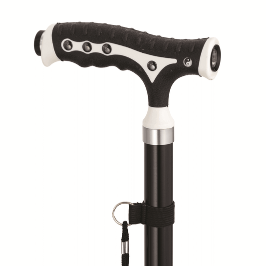 Baston reglabil din aluminiu în formă de T cu lumină LED și suport