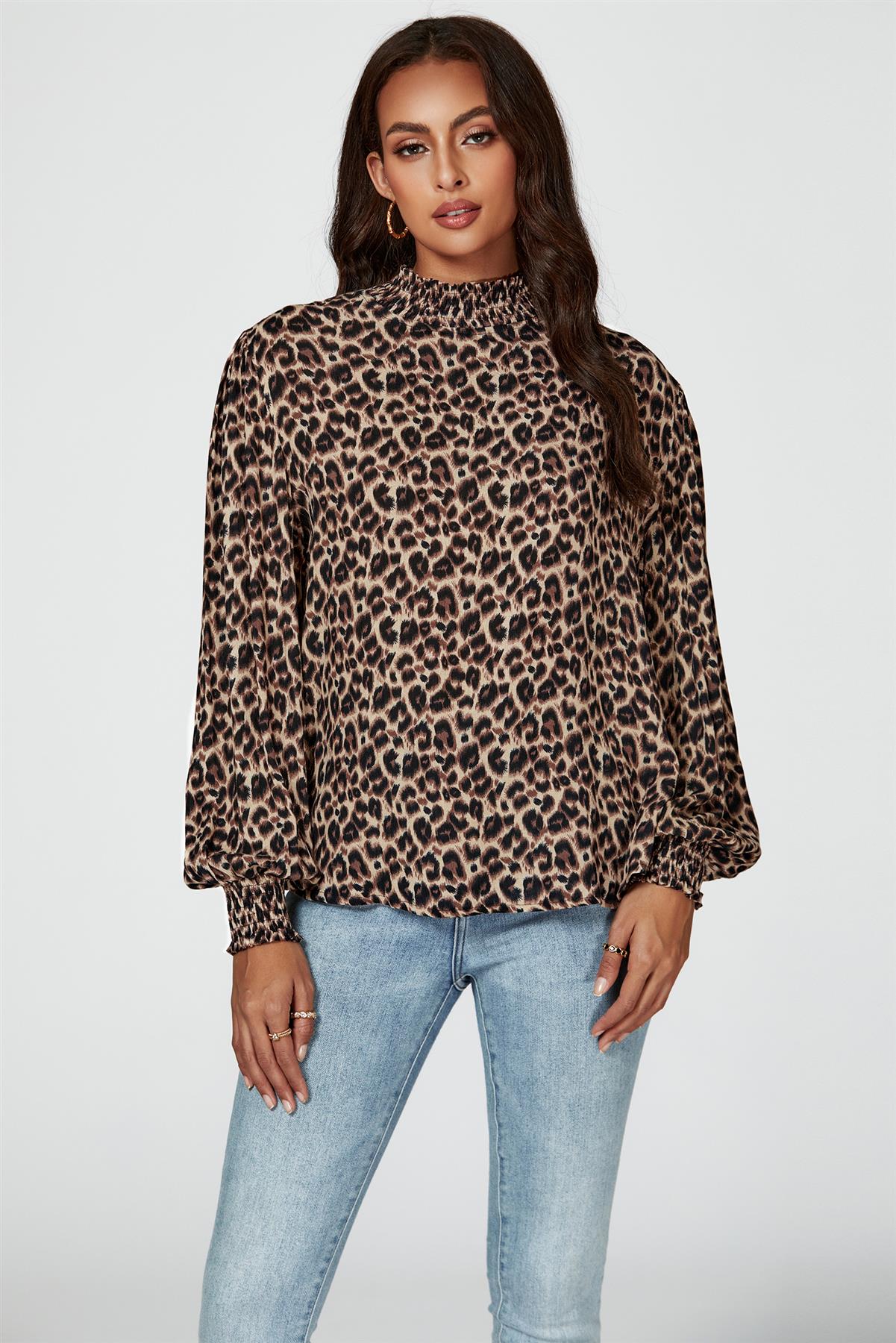 Leopard Print Long Sleeve High Neck Blouse In Brown