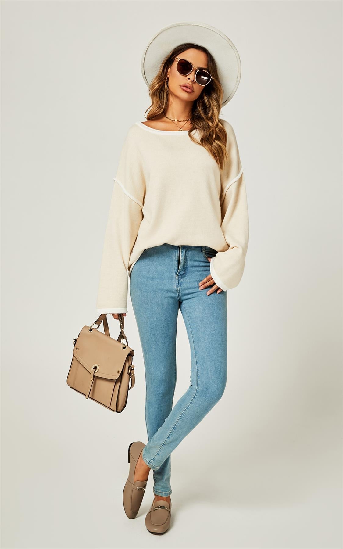 White Striped Oversized Jumper Top In Beige
