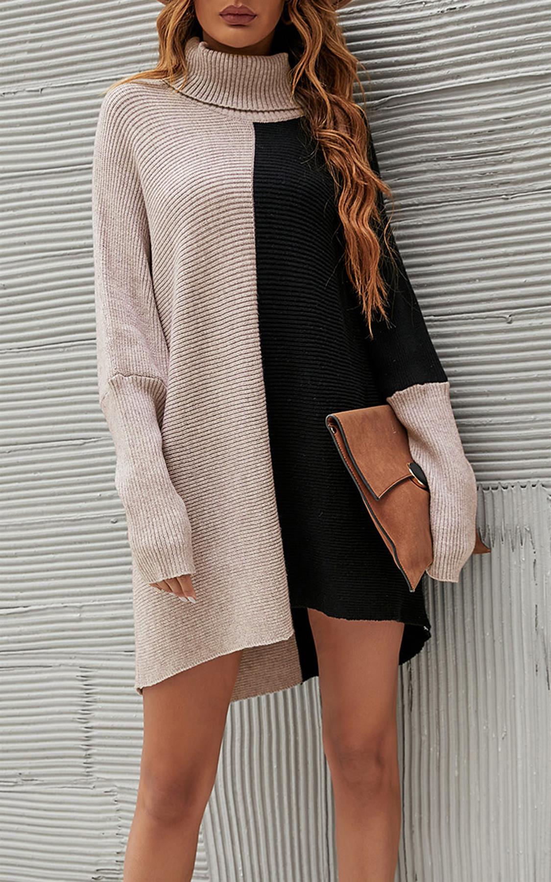 Pulover cu guler înalt, bej închis și negru, în culori bloc