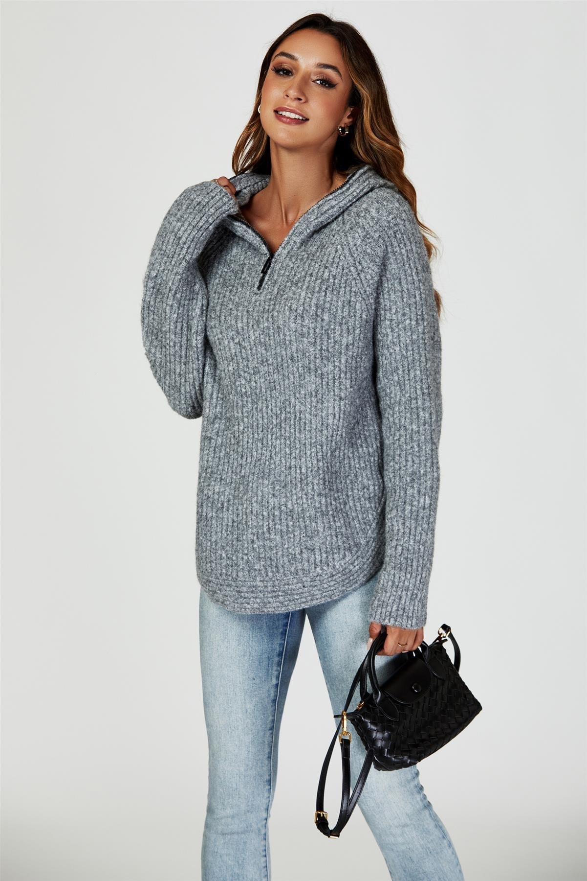 Hanorac tricotat cu fermoar, gri