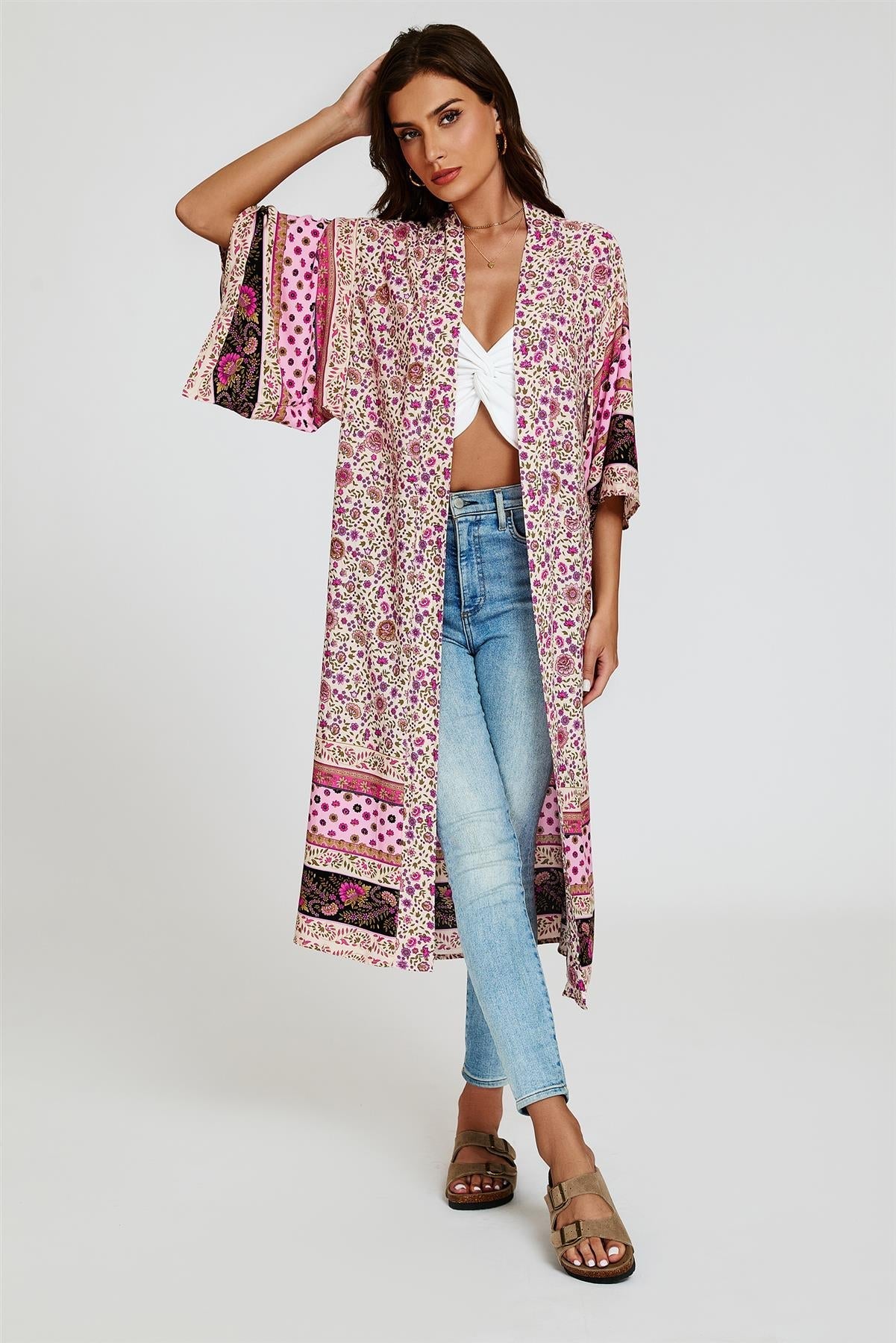 Relaxed Cotton Kimono In Pink