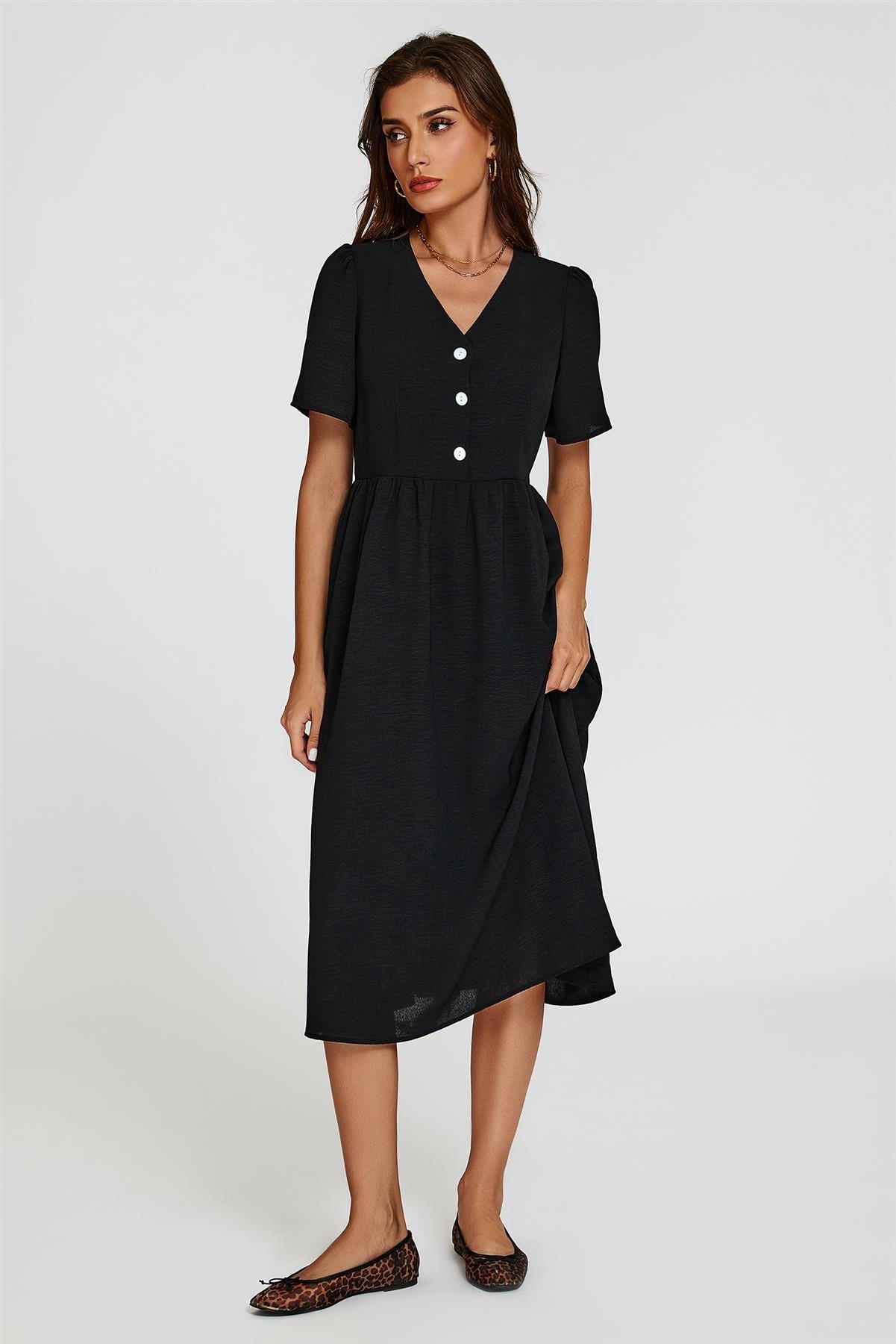 Button Front Midi Dress In Black