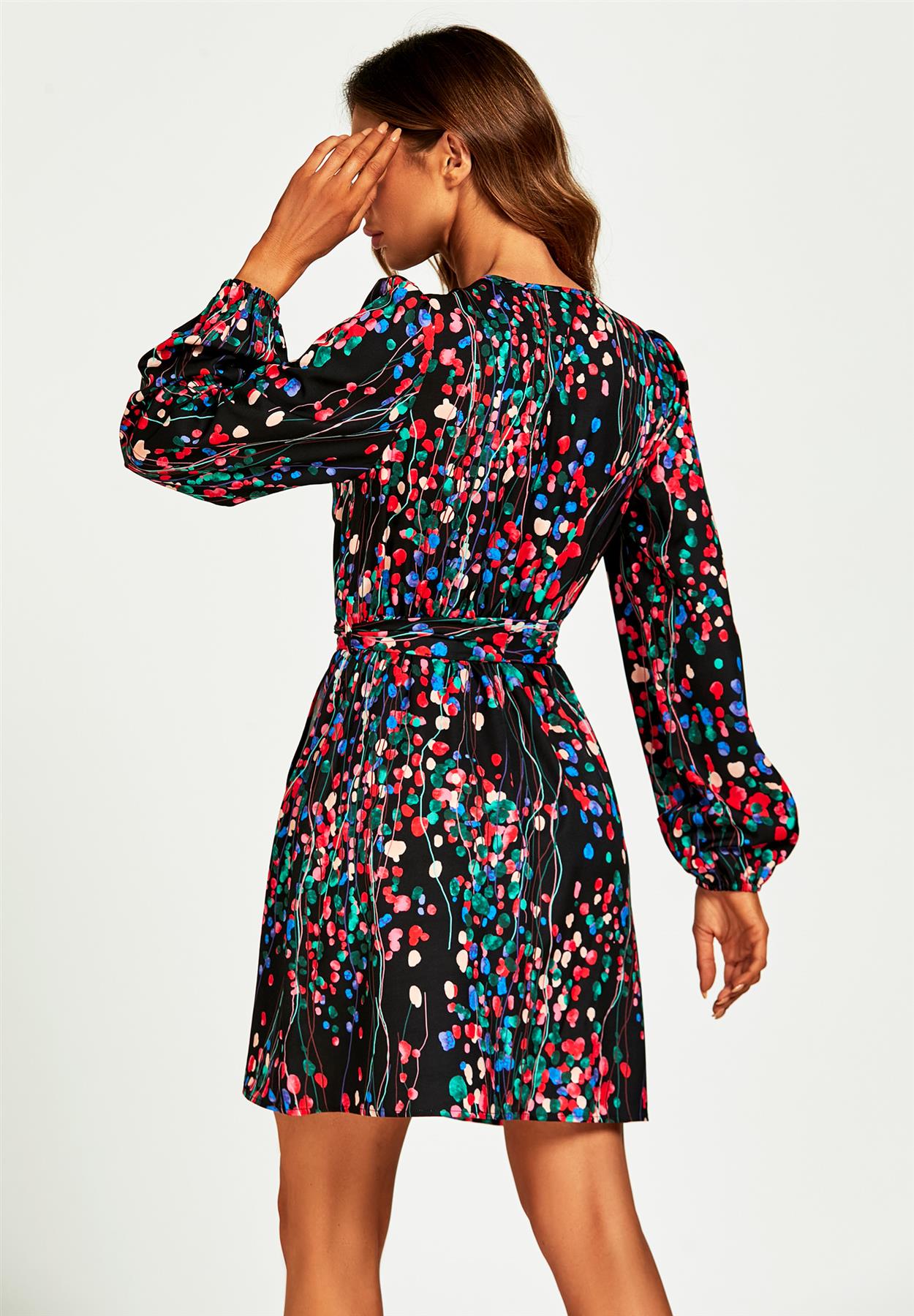 Rochie mini neagră cu imprimeu floral abstract
