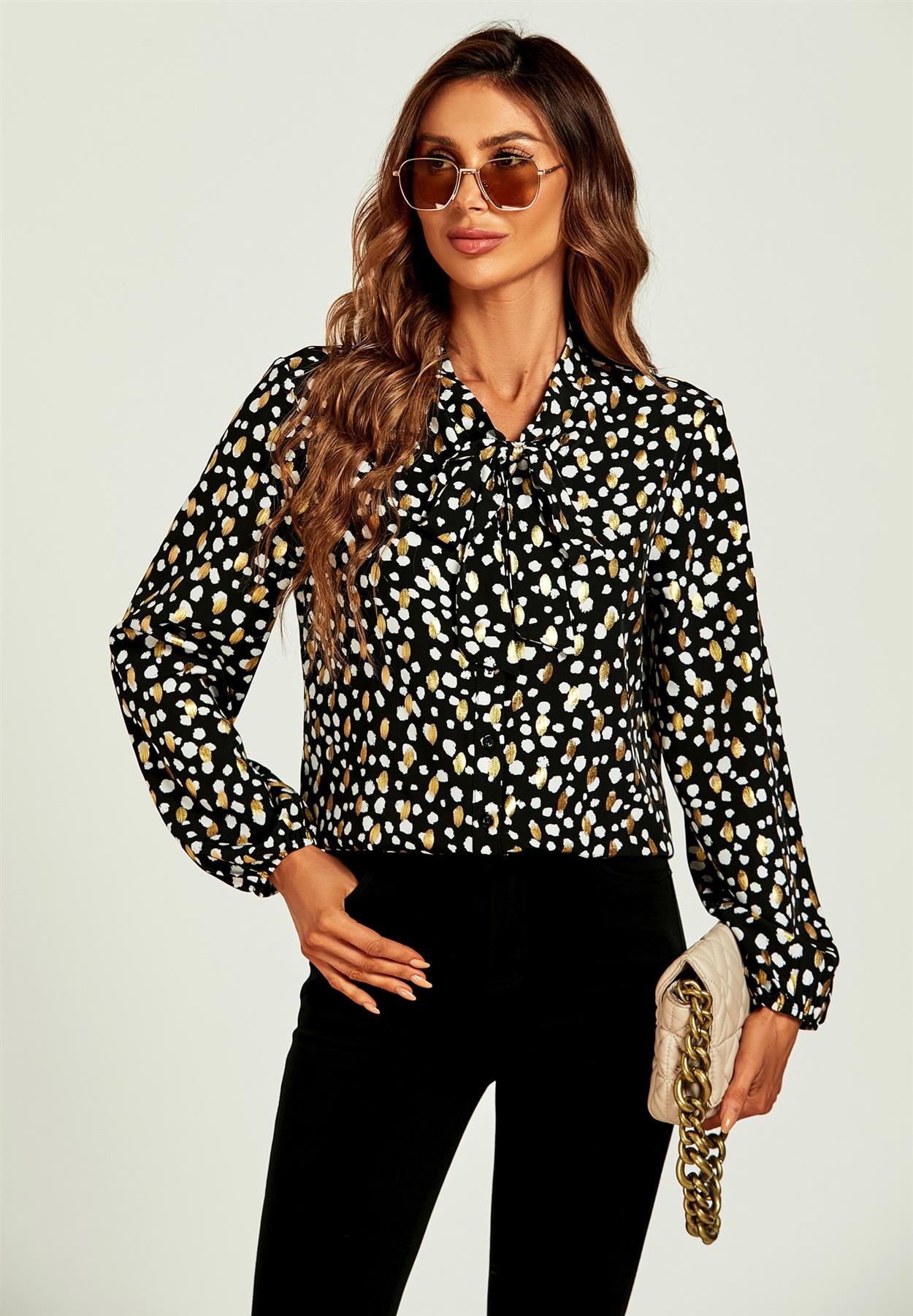 Gold Foil Leopard Print Pussybow Blouse/Top In Black