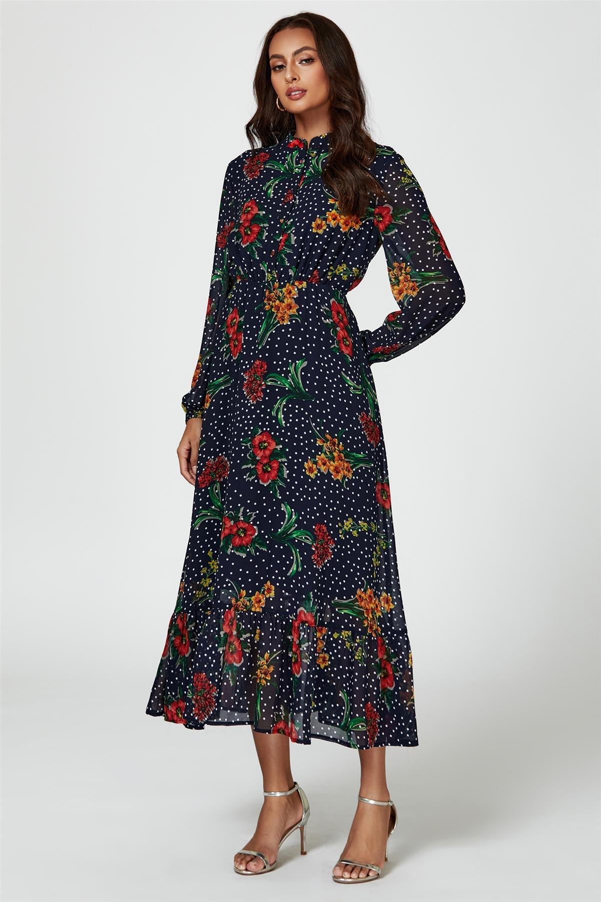 Rochie maxi cu imprimeu floral și puncte bleumarin