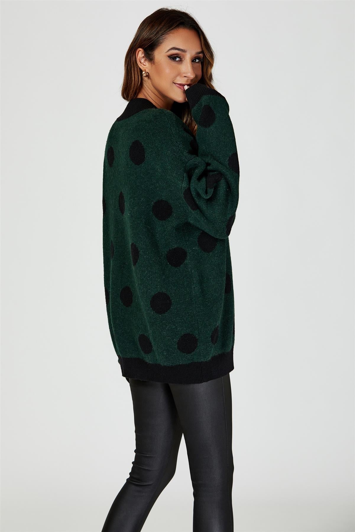 Wool Blended V Neck Jumper In Green & Black Polka Dot