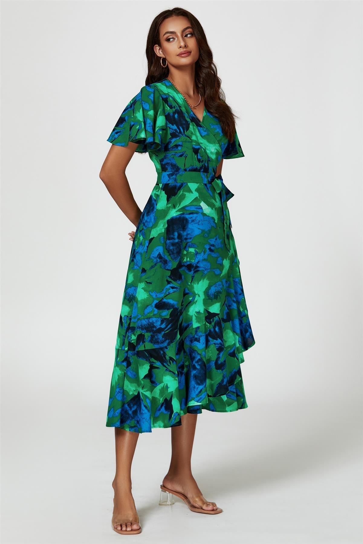 Rochie midi înfășurată cu imprimeu abstract, verde