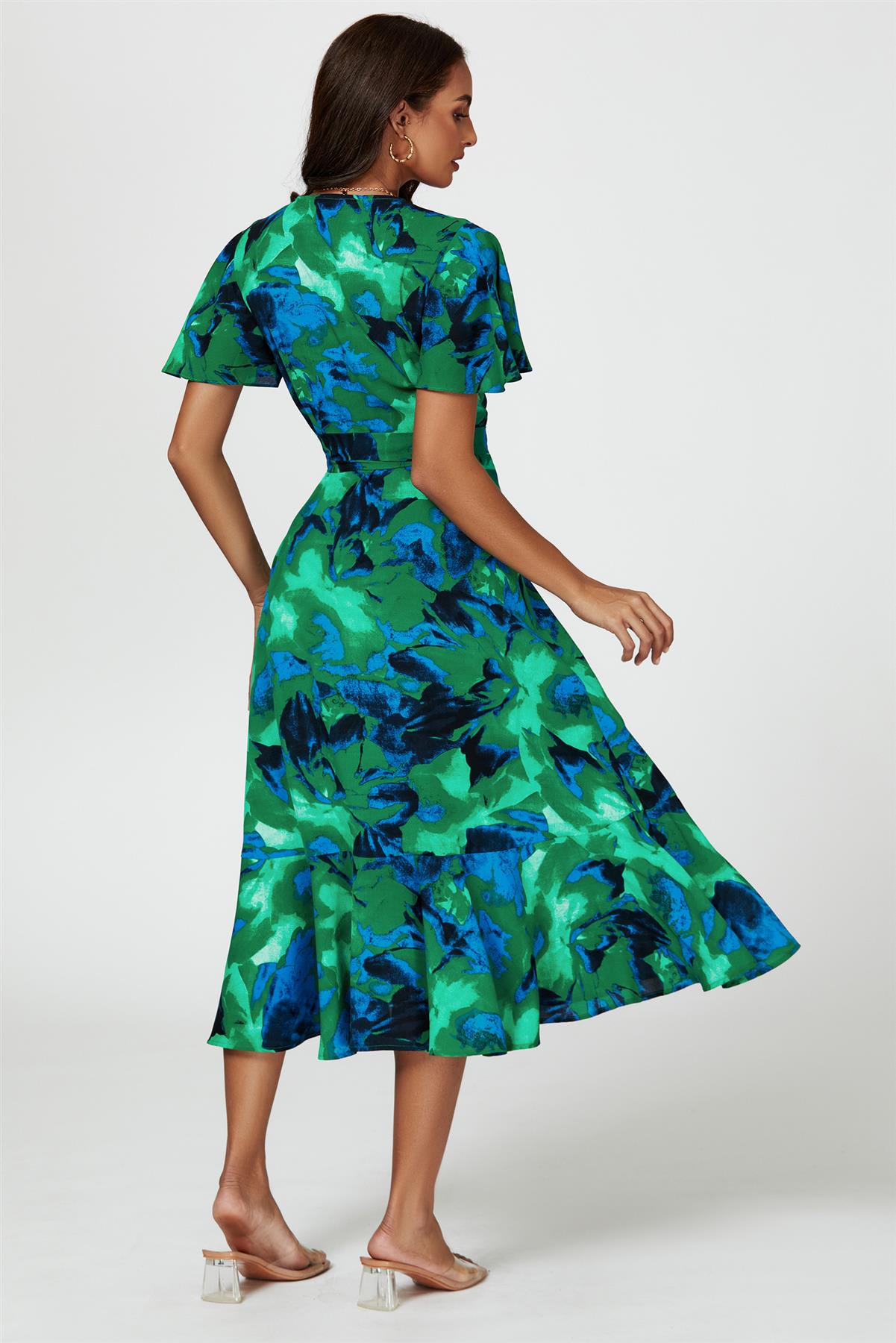 Rochie midi înfășurată cu imprimeu abstract, verde