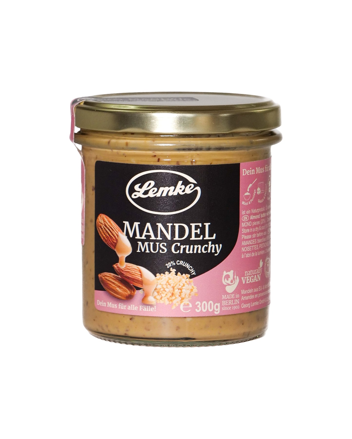 Unt de migdale crocant Lemke - 80% unt de migdale cremos, borcan de 250 g, 19% proteine, vegan