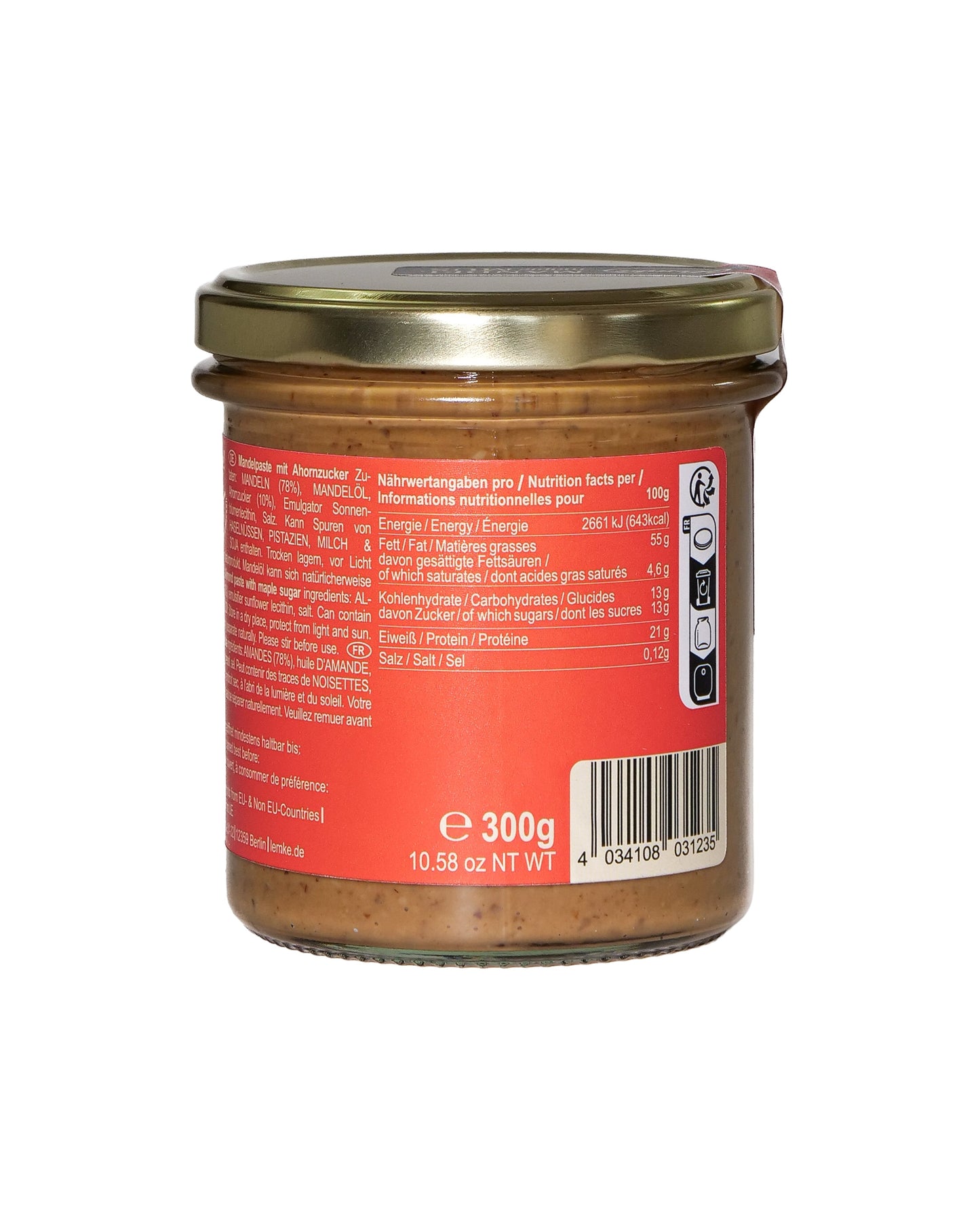 Unt de migdale cu arțar Lemke - Cremă vegană cu zahăr de arțar, 200g, 78% migdale