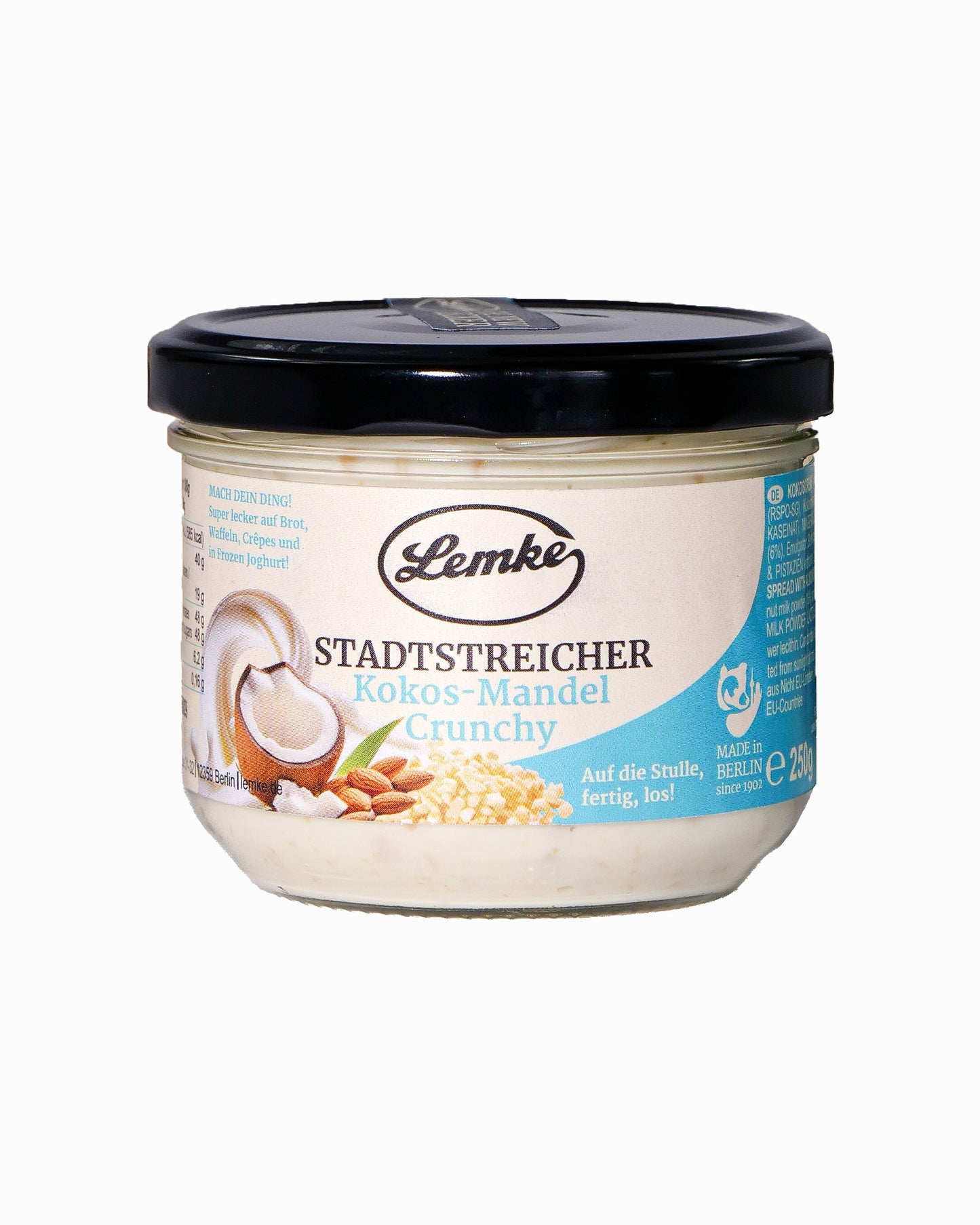 Lemke City Stroller Coconut Almond Crunch - capacitate 300g, cremă tartinabilă, bucăți de migdale prăjite