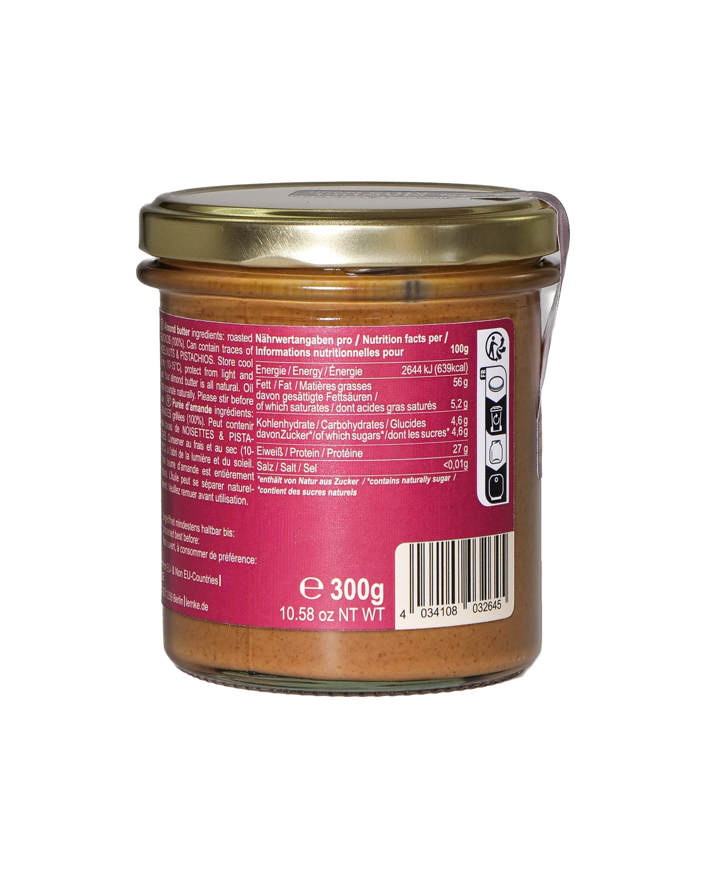 Unt de migdale brun Lemke - Prăjire neagră, consistență cremoasă - Conținut 250 g, Dimensiuni 7 x 7 x 12 cm