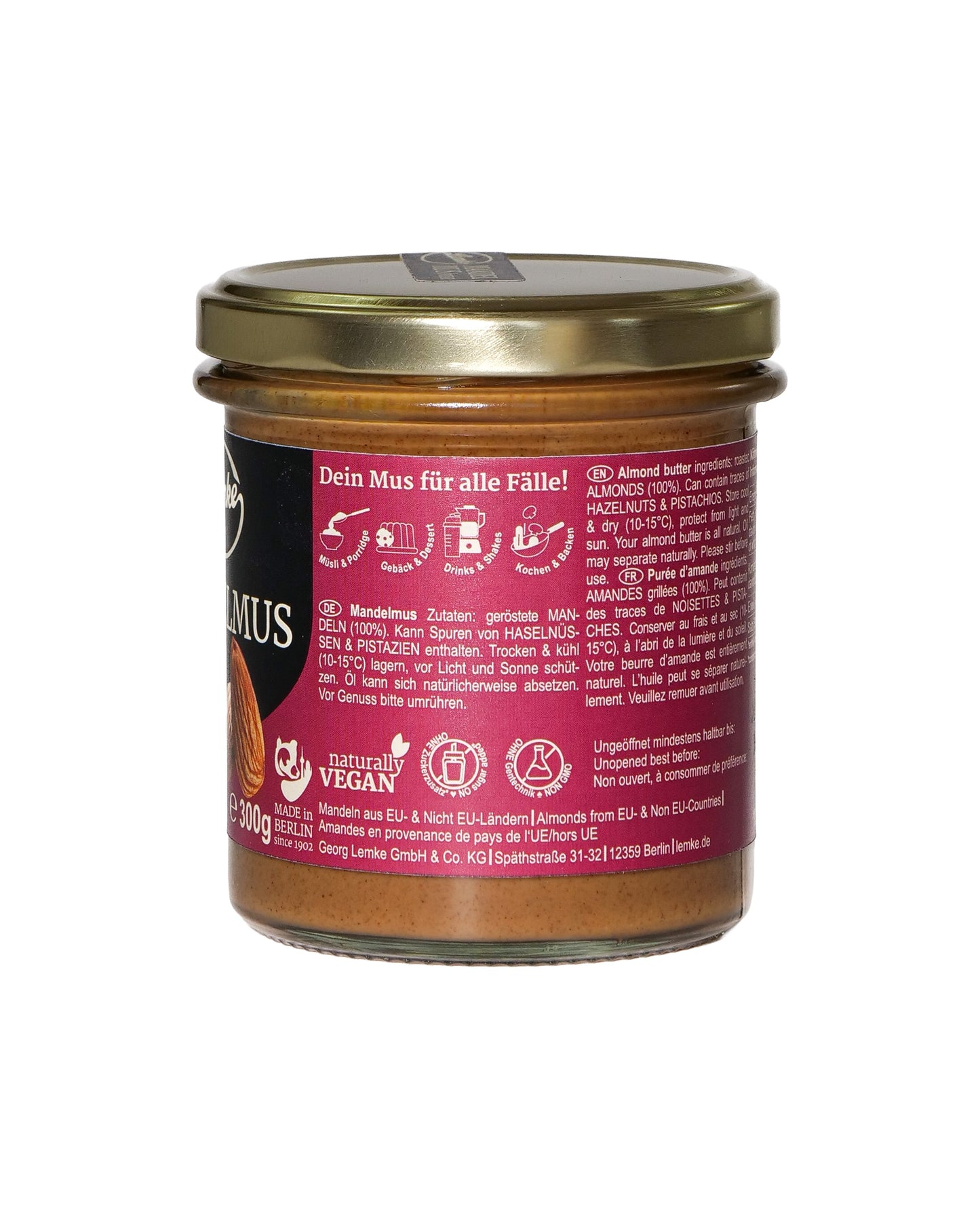 Unt de migdale brun Lemke - Prăjire neagră, consistență cremoasă - Conținut 250 g, Dimensiuni 7 x 7 x 12 cm